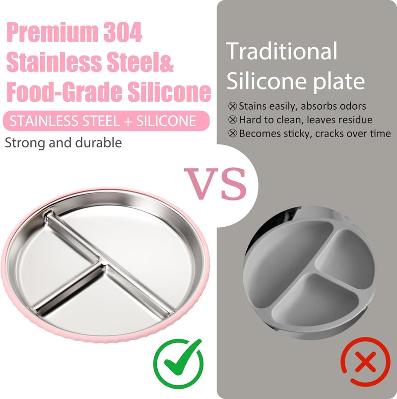 mislili Stainless Steel Kids Plates and Bowls with Suction, Divided Baby Plate and Toddler Bowl with Removable Silicone Suction, Non-Slip Baby Feeding Set Dishwasher Safe, 4 Packs - Image 3